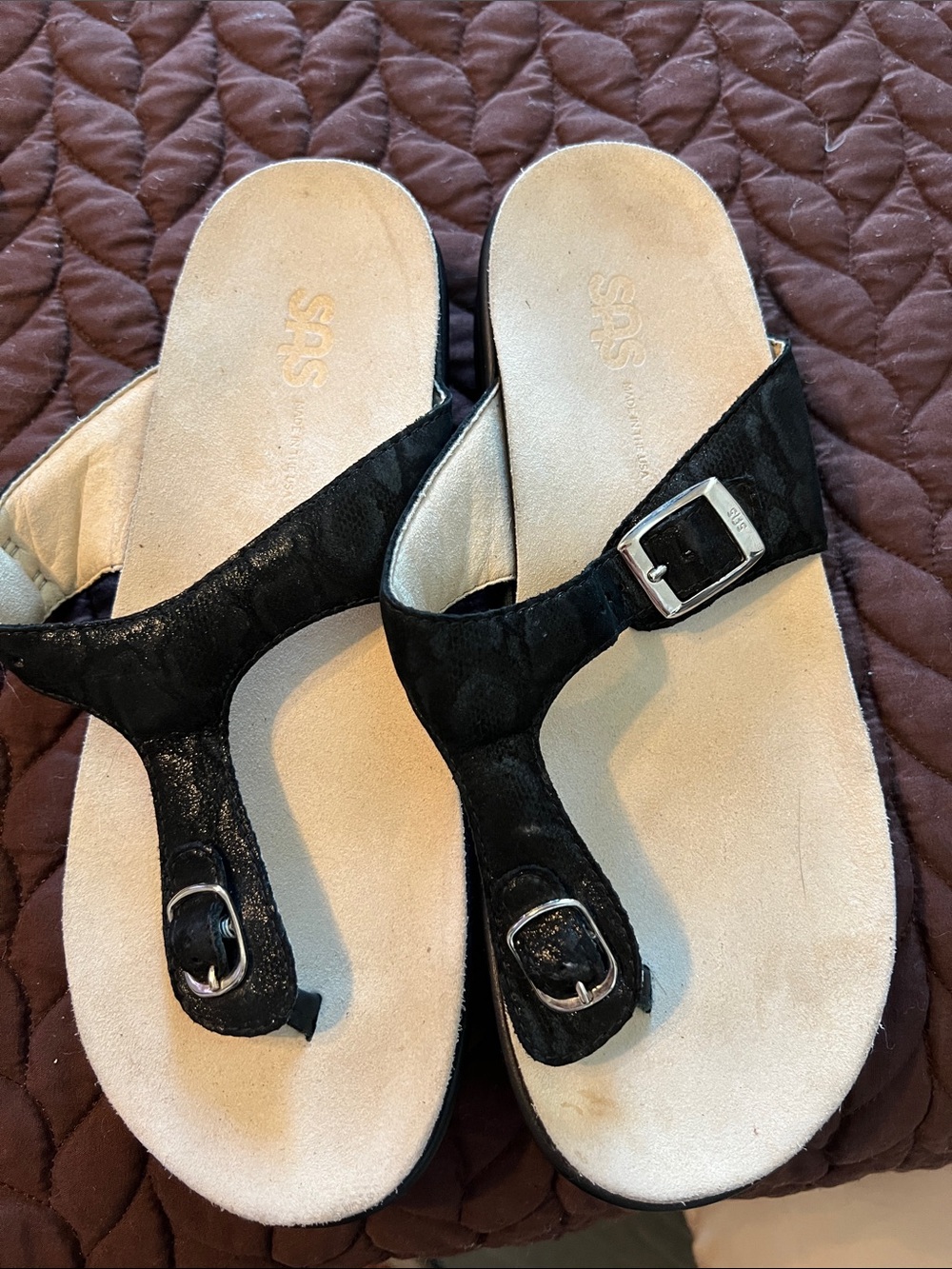 SAS Black Thong Sandals with Silver Buckles